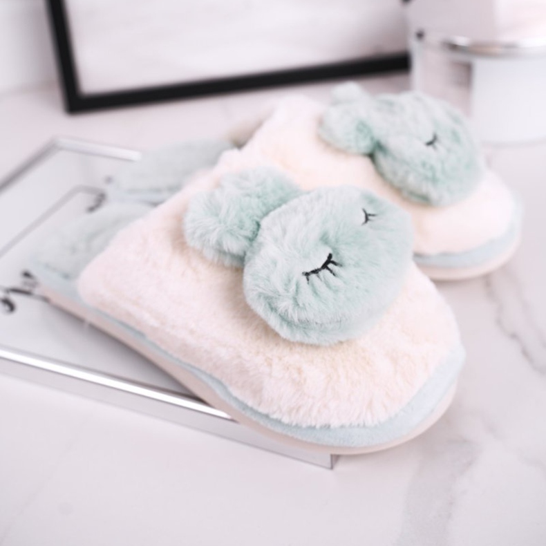 Dámské kožešinové pantofle Světle zelený králík růžový zelená 2 Dámské kožešinové pantofle Světle zelený králík růžový zelená 2