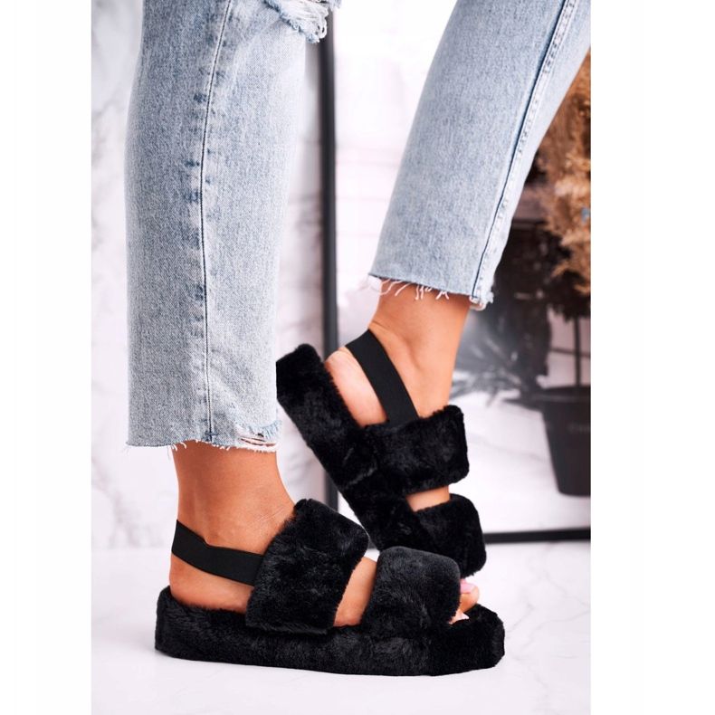 FJ1 Dámské pantofle na platformě kožešiny černé bavlněné bonbóny černá 2