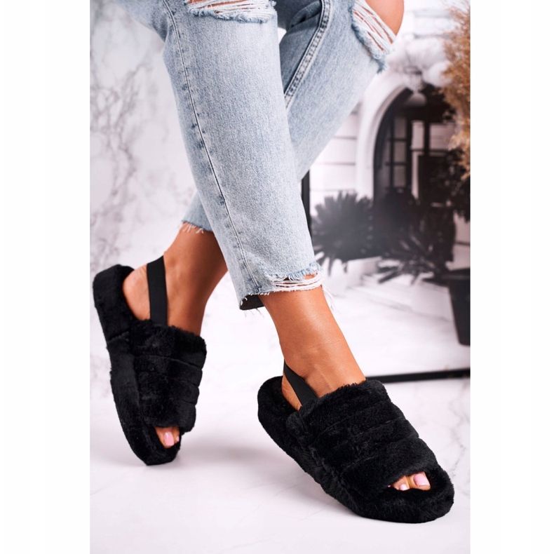FJ1 Dámské pantofle na kožešinové platformě Černá sněhová vločka 2