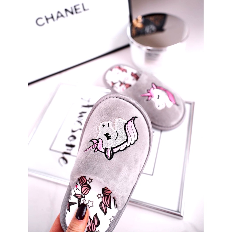 Dětské šedé pantofle Unicorn s Unicorn růžový stříbrný šedá 2