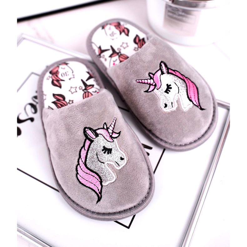 Dětské šedé pantofle Unicorn s Unicorn růžový stříbro šedá 1