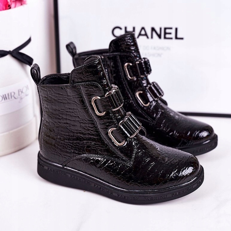 PL1 Dětské teplé boty lakované černým zvířecím vzorem Maya černá 1