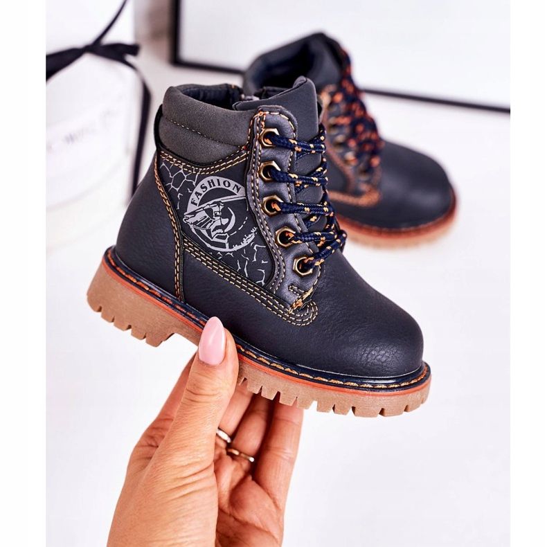 PL1 Teplé dětské boty na gumové podrážce Navy Blue Bobby námořnická modrá oranžový 2