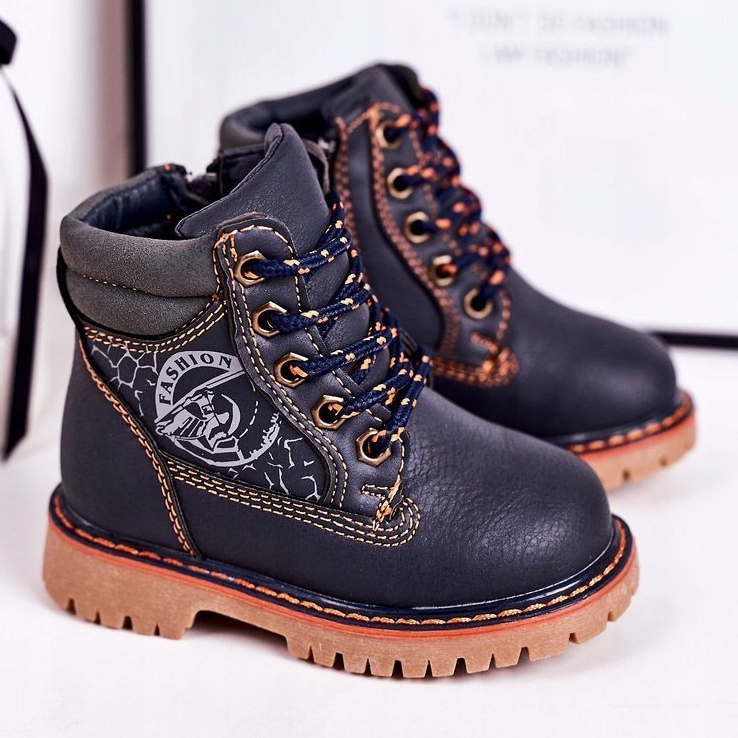 PL1 Teplé dětské boty na gumové podrážce Navy Blue Bobby námořnická modrá oranžový 1