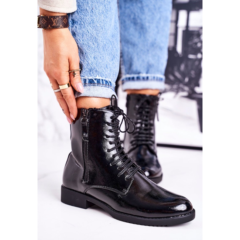 PJ1 Klasické dámské teplé boty lakované černou jednoduchostí černá 2