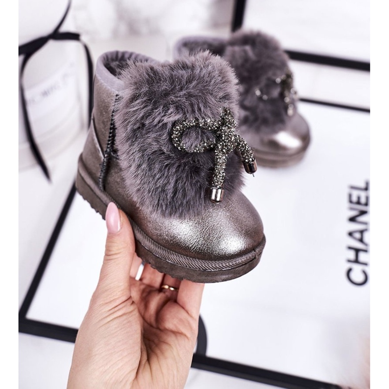 Dětské sněhule s kožešinou tmavě šedá Aurora 1