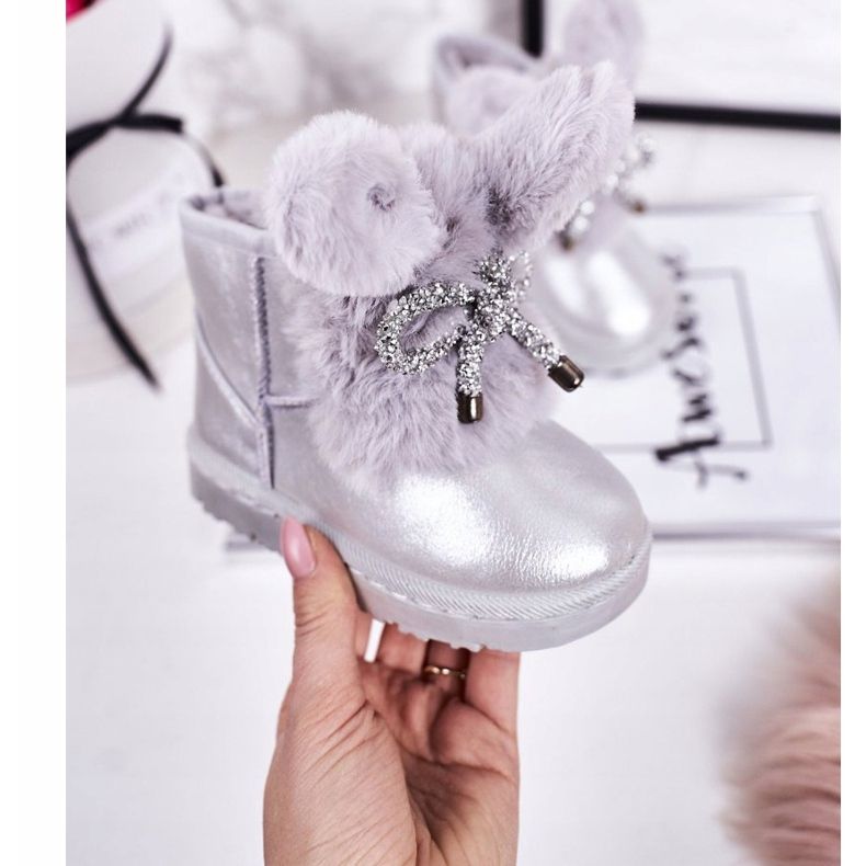Dětské sněhule s kožešinou s ušima Silver Bunny stříbro 1