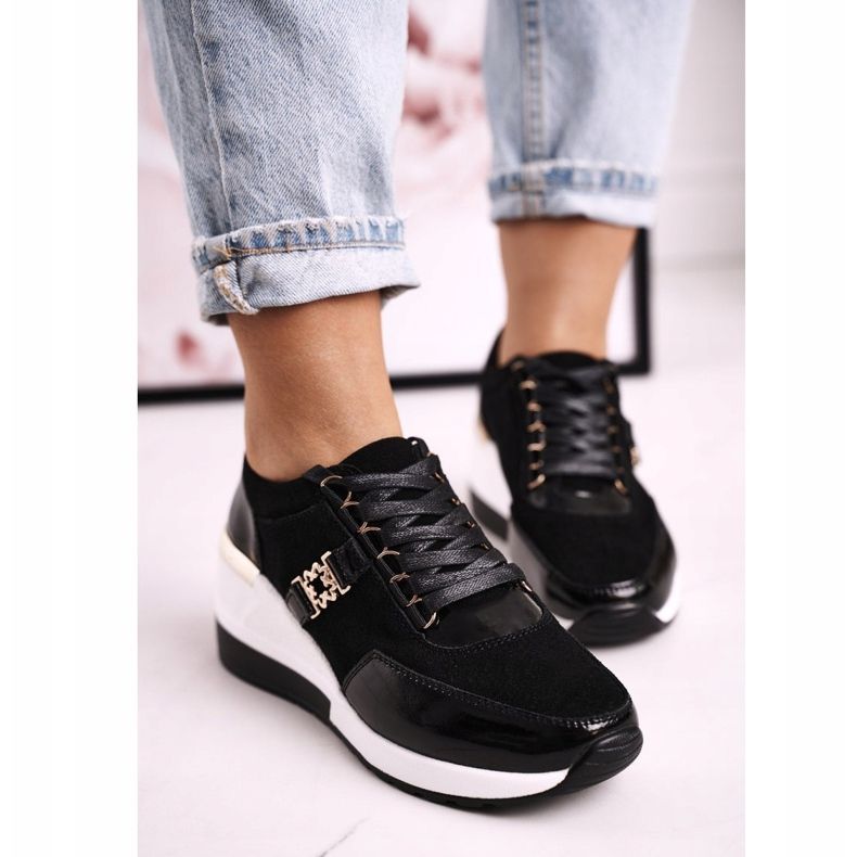 S.Barski Dámské kožené klínové tenisky černé zlato Roxette černá zlatý 1