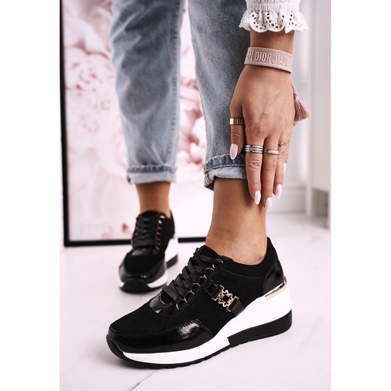 S.Barski Dámské kožené klínové tenisky černé zlato Roxette černá zlatý 2