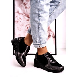 S.Barski Dámské kožené klínové tenisky černé Roxette černá vícebarevný stříbrný 2