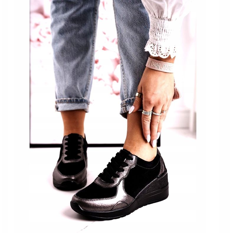 S.Barski Dámské kožené klínové tenisky černé Roxette černá vícebarevný stříbrný 1