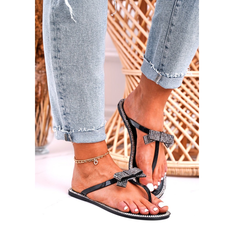 LU BOO Dámské gumové pantofle černé žabky Deross Rhinestones černá 1