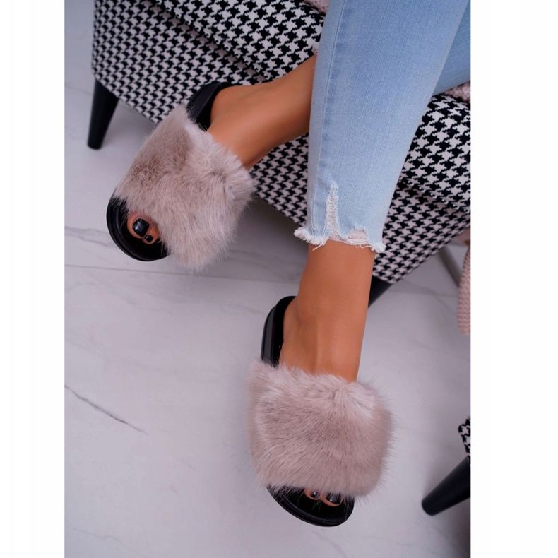 SEA Dámské béžové pantofle s kožešinou NiceFur béžový šedá 2