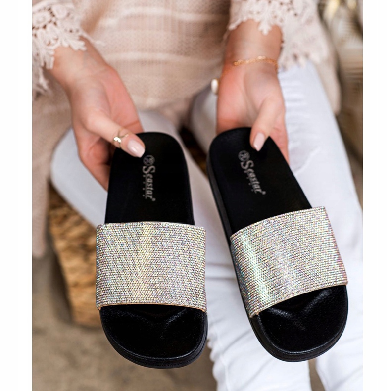 Seastar Pantofle S Krystaly černý stříbro 1