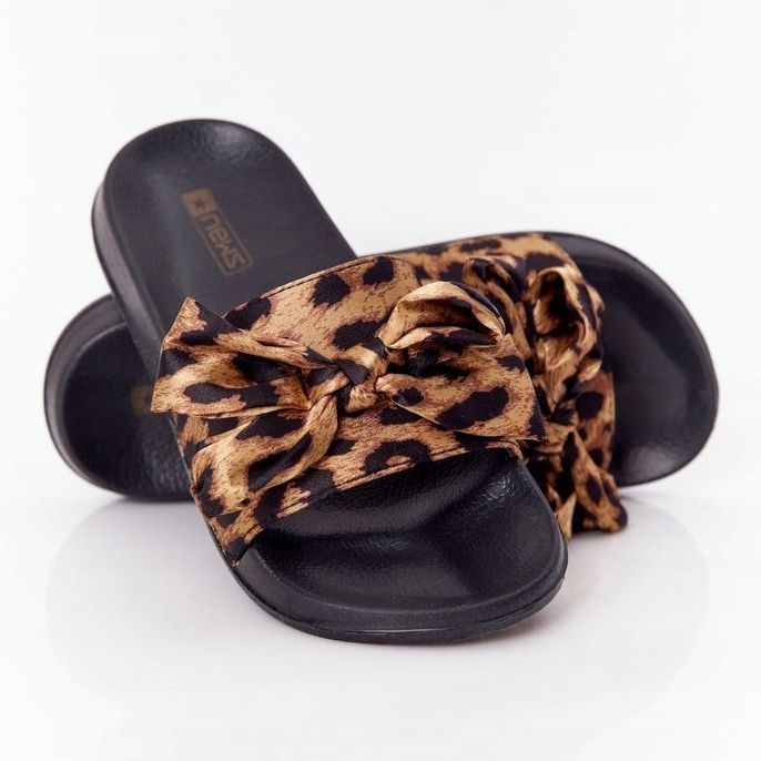 EVE Dámské pantofle s mašlí Leopard Porazte to hnědý černý 2