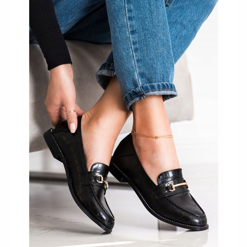 SHELOVET Elegantní mokasíny s kubickým zirkonem černá 1