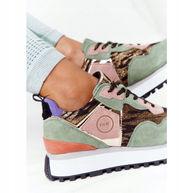 Semišové sportovní boty na platformě GOE HH2N4002 zeleno-zlaté béžový hnědý růžový zelená zlatý 1