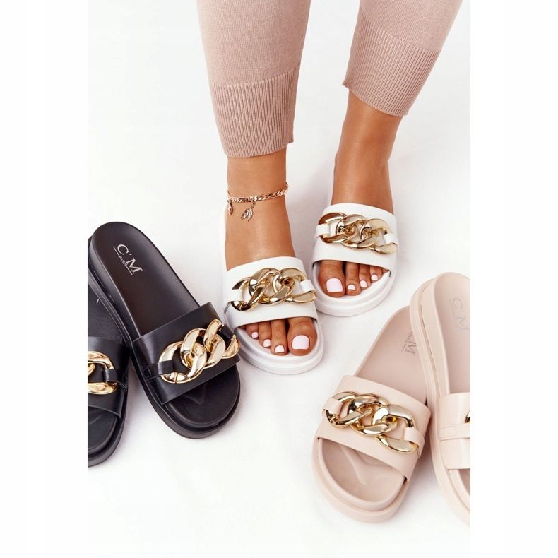 Pantofle na platformě s řetězovou bílou dovolenou bílý zlatý 1