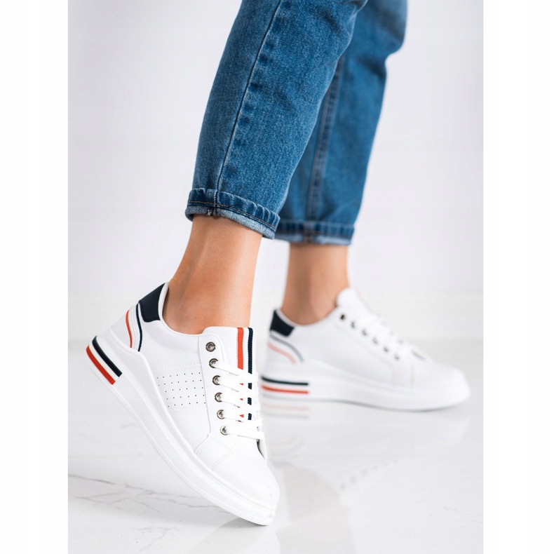 SHELOVET Eko kožené tenisky bílý červené námořnická modrá 1