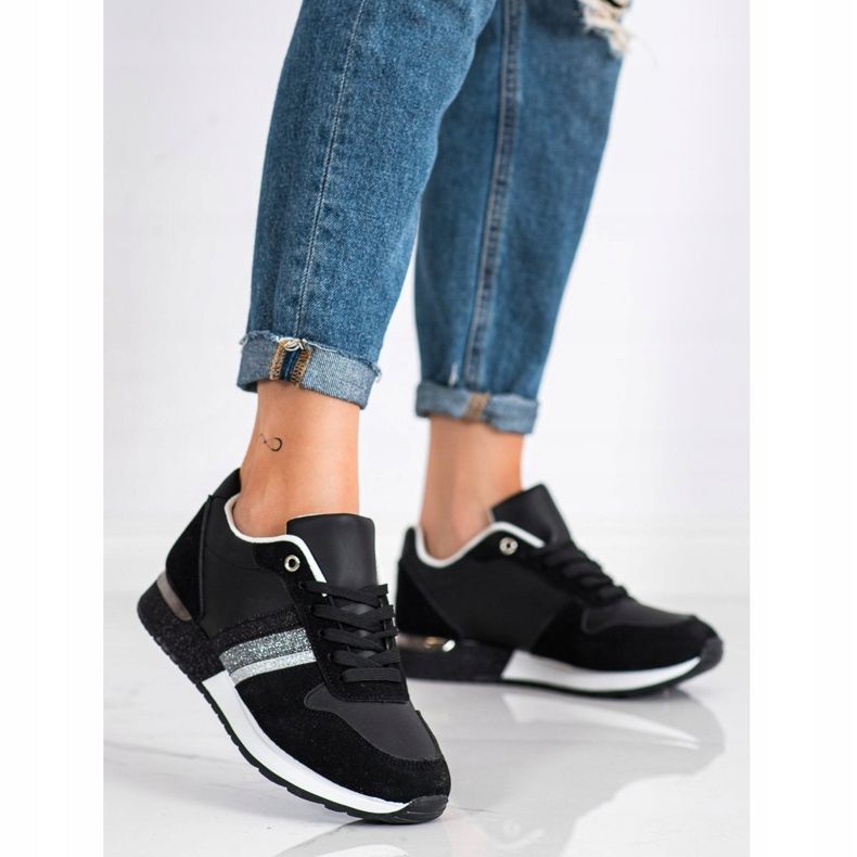 SHELOVET Černé tenisky s třpytivou platformou černá stříbrný 2