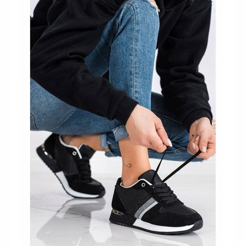 SHELOVET Černé tenisky s třpytivou platformou černá stříbrný 1