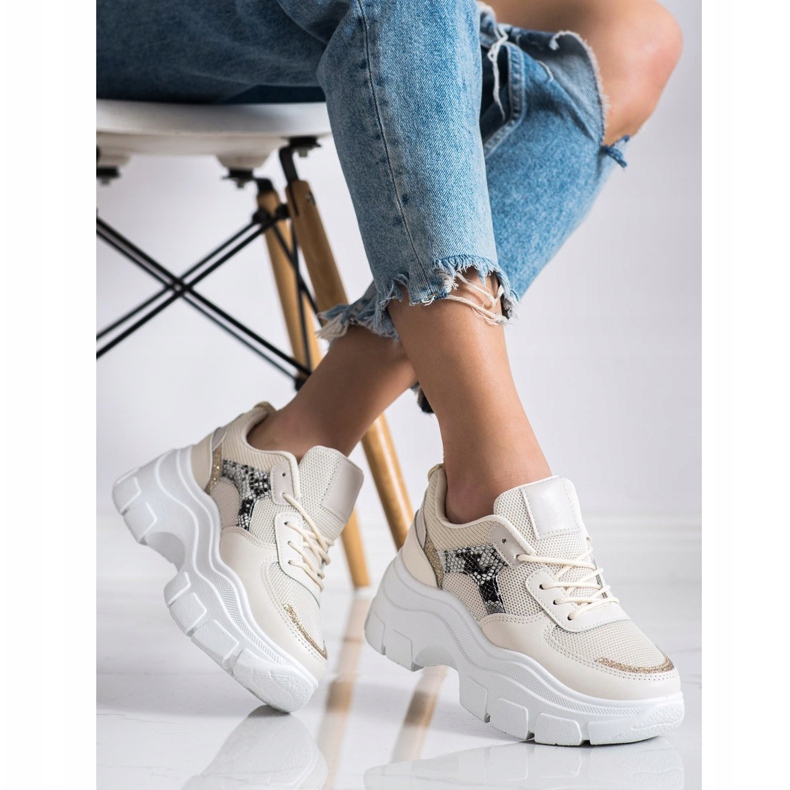 SHELOVET Stylové tenisky s třpytkami béžový 2