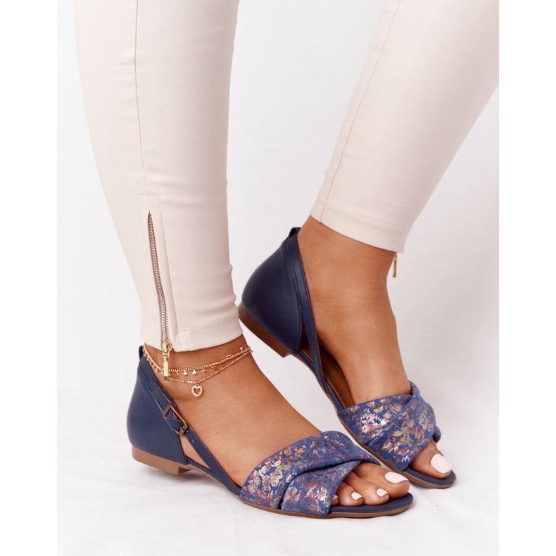 Kožené sandály s květinami Maciejka 04614-43 Navy Blue námořnická modrá zlatý 2