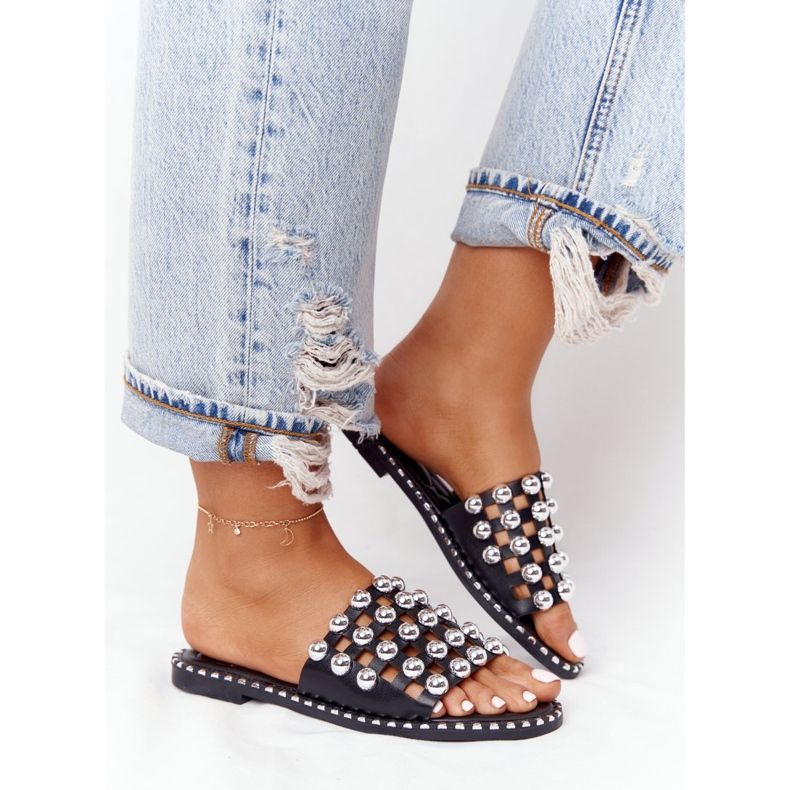 PS1 Prolamované kožené pantofle s kamínky Black Alana černá 2