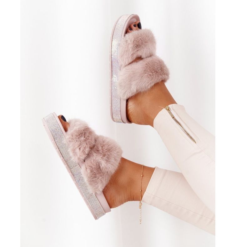 PS1 Béžové pantofle na platformě s kožešinou a kubickými zirkony Wow! béžový 1