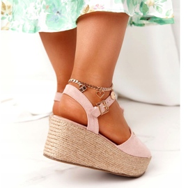 Sandály na klínku s pleteným Big Star FF274749 Nude růžový 4