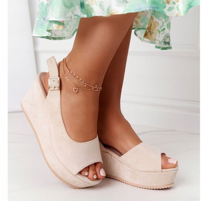 Semišové klínové sandály béžové večírek béžový 1 Semišové klínové sandály béžové večírek béžový 1