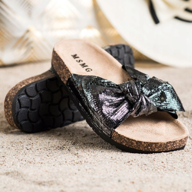 SHELOVET Lesklé pantofle s mašlí černá 1