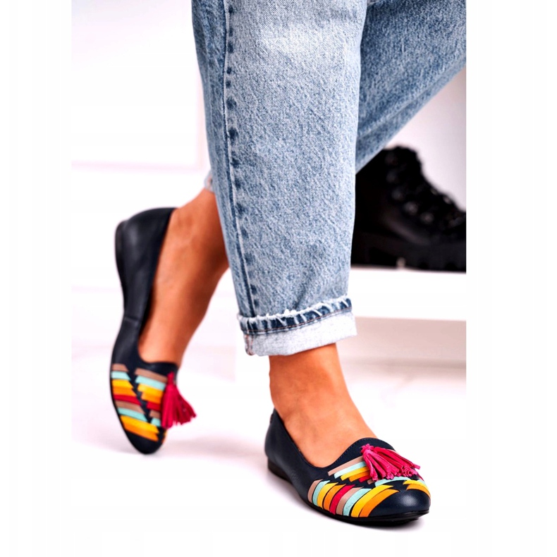 Kožené balerínky Maciejka s třásněmi Navy Blue 04016-17 námořnická modrá vícebarevný 2