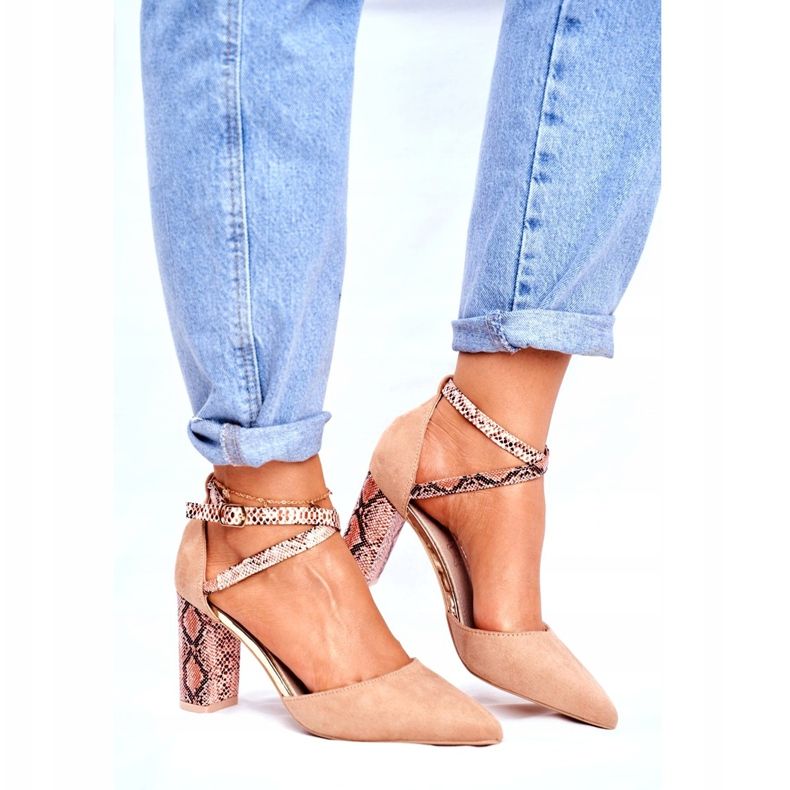 S.Barski Dámské lodičky na podpatku hadí béžová dohromady béžový hnědý 2