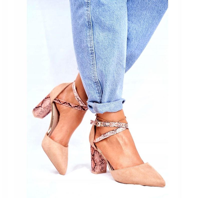 S.Barski Dámské lodičky na podpatku hadí béžová dohromady béžový hnědý 4