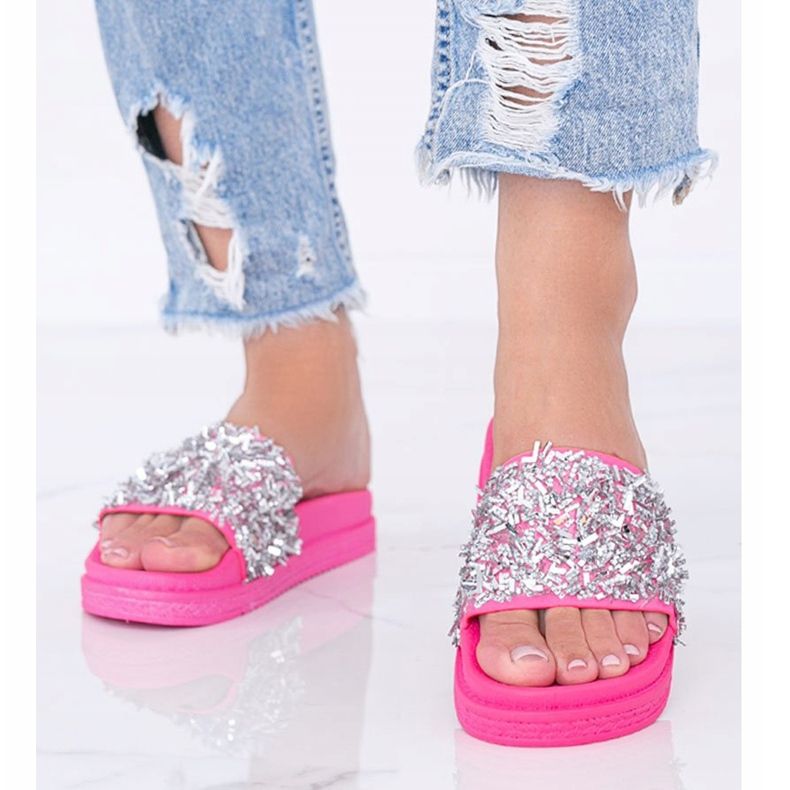 Růžové neonové pantofle Love Bling se kubickými zirkony růžový 1