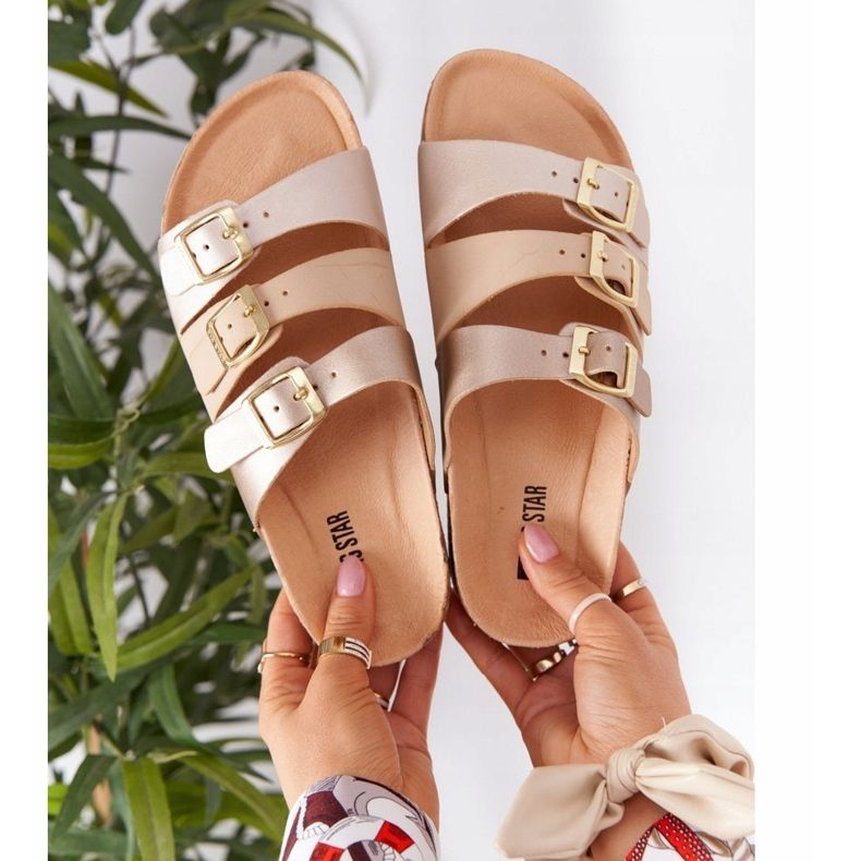 Kožené profilované pantofle Big Star HH274585 béžové a zlaté béžový zlatý 1