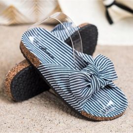 Bona Pantofle S Pruhovanou Mašlí bílý modrý 1 Bona Pantofle S Pruhovanou Mašlí bílý modrý 1