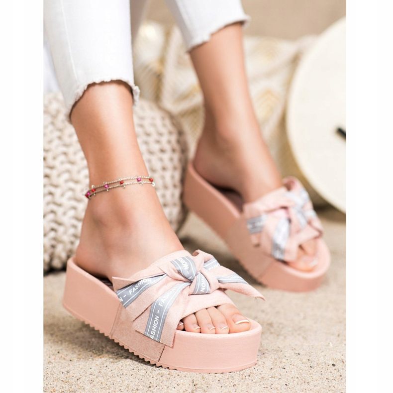 SHELOVET Módní pantofle s mašlí růžový 1