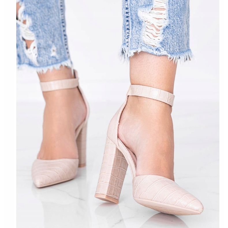 Béžové lodičky na sloupku ve vzoru krokodýlí kůže Glamour béžový 1