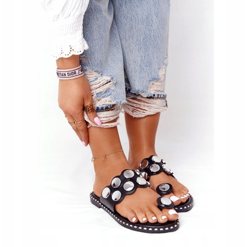 PS1 Papuče z ekokůže s tryskami SK78P Black Ava černá stříbrný 4