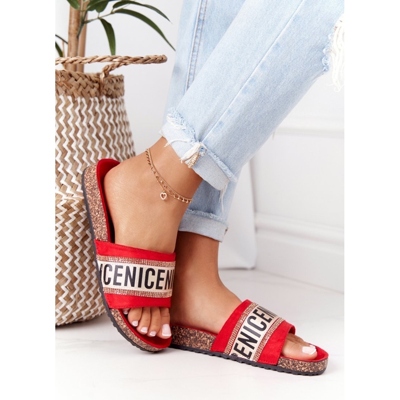 Červené žabky na korku s kubickými zirkony buďte milí 2