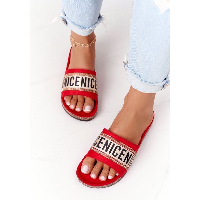 Červené žabky na korku s kubickými zirkony buďte milí červený 1