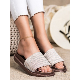 SHELOVET Pantofle na platformě s krychlovým zirkonem béžový zlatý 1