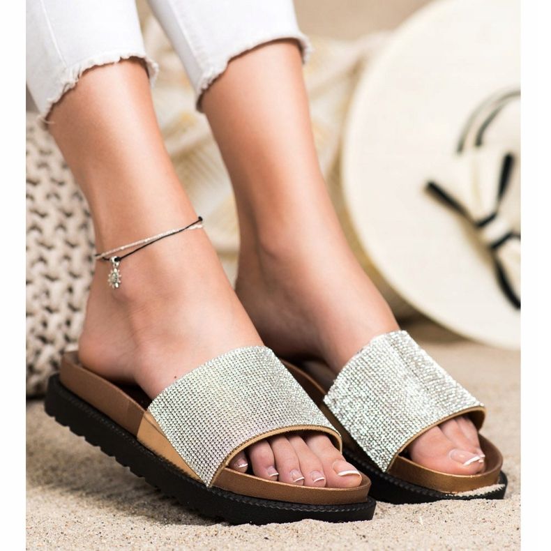 Kayla Pohodlné pantofle s kubickým zirkonem béžový zlatý 2