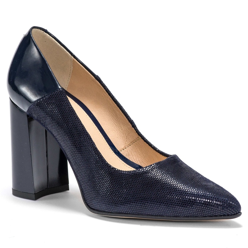 Marco Shoes Tmavě modré lodičky z leštěné kamzíkové kůže s lakovanou patou námořnická modř 2