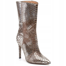 Marco Shoes Metalické dámské kozačky na jehlovém podpatku se zvířecím motivem béžový stříbrný 1