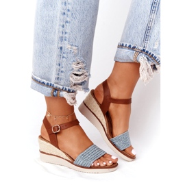 EVE Sandály Na Klínu Podpatku Modré Pletené Tenerife hnědý modrý 3