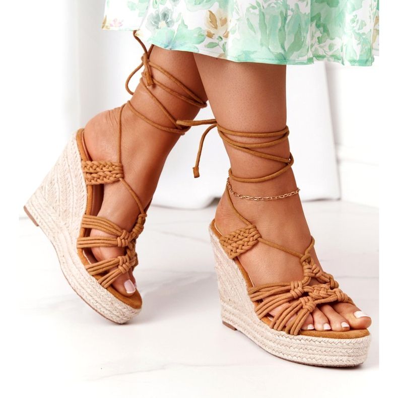 Svázané sandály pro ženský klín s velbloudem hnědý 3