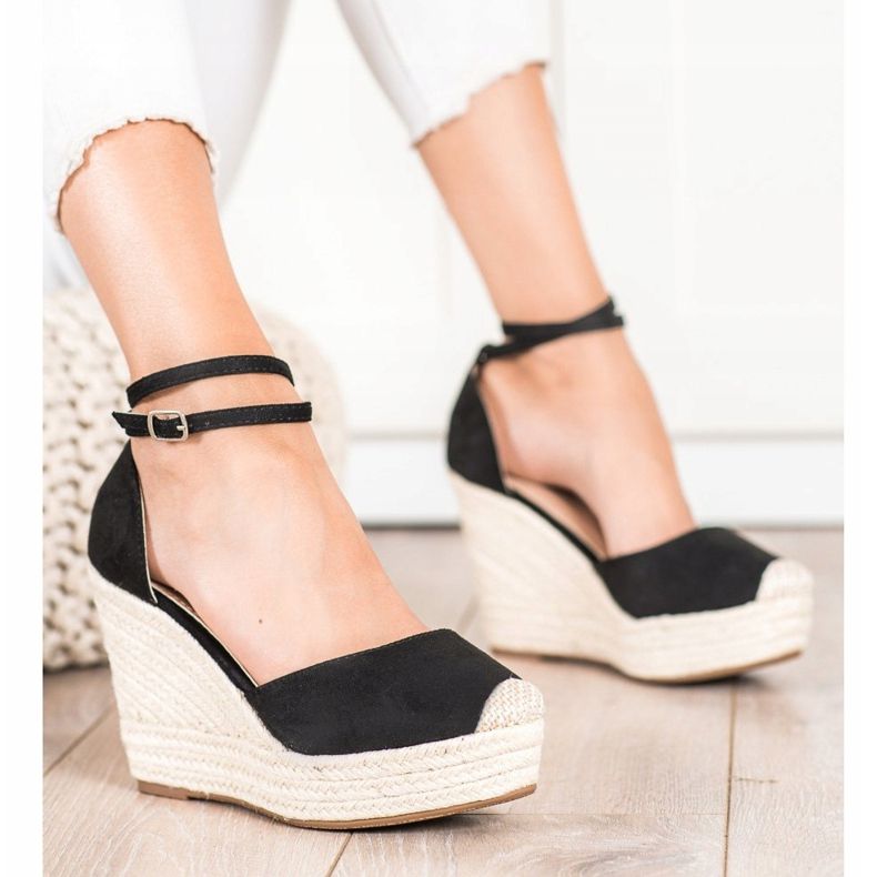 Queentina Stylové espadrilky na vysokém klínu černý 2